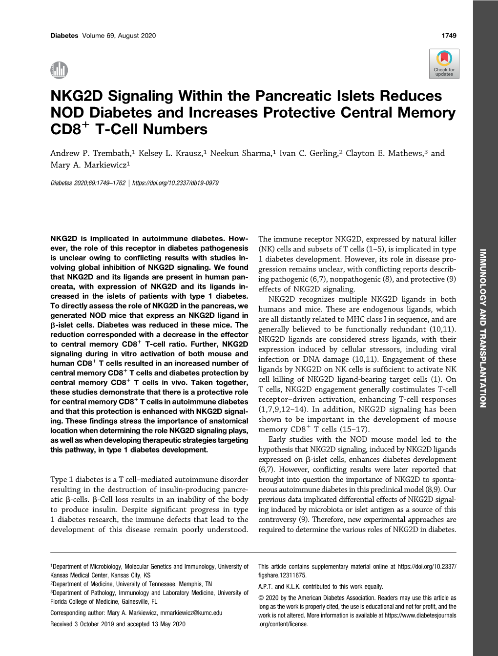 NKG2D Signaling Within the Pancreatic Islets Reduces NOD Diabetes and Increases Protective Central Memory CD81 T-Cell Numbers