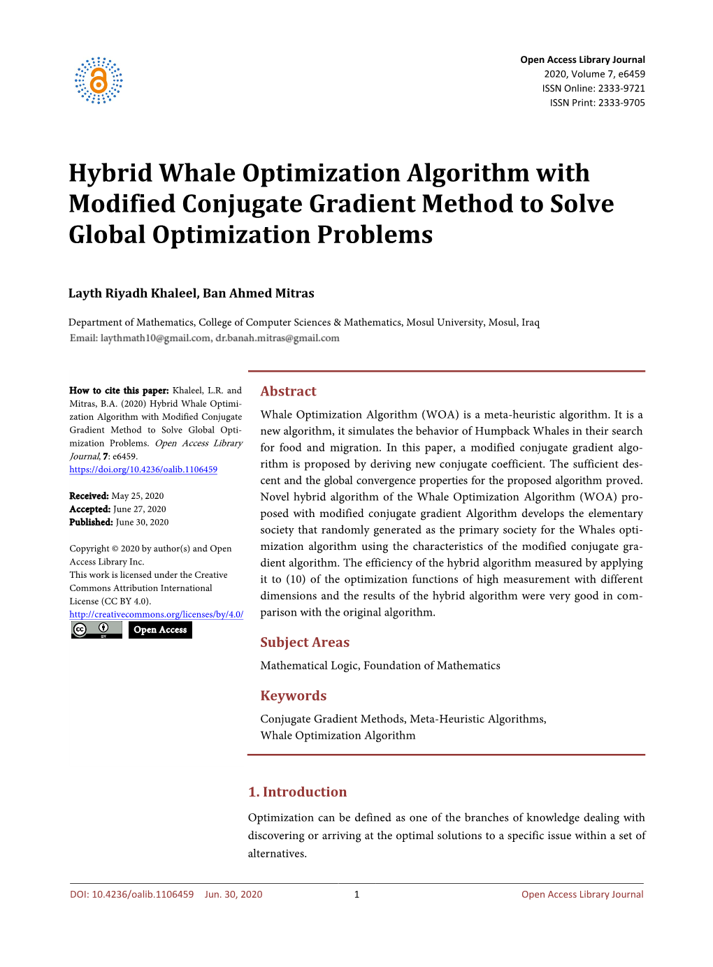 Hybrid Whale Optimization Algorithm with Modified Conjugate Gradient Method to Solve Global Optimization Problems
