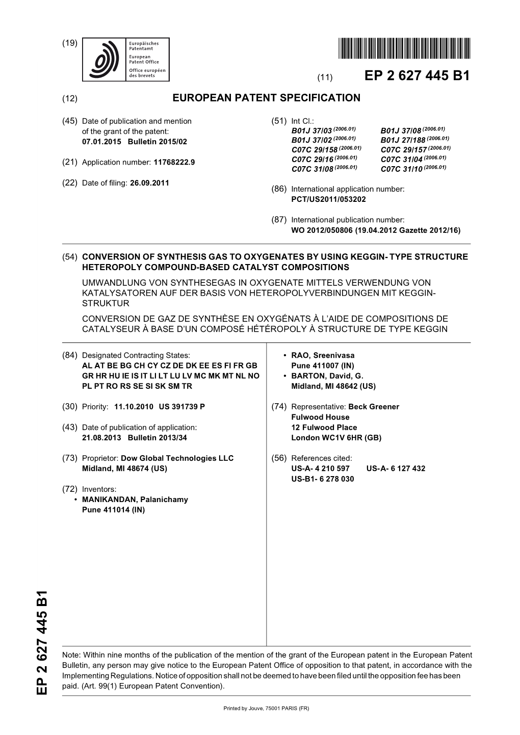 Conversion of Synthesis Gas to Oxygenates by Using Keggin-Type Structure Heteropoly Compound-Based Catalyst Compositions