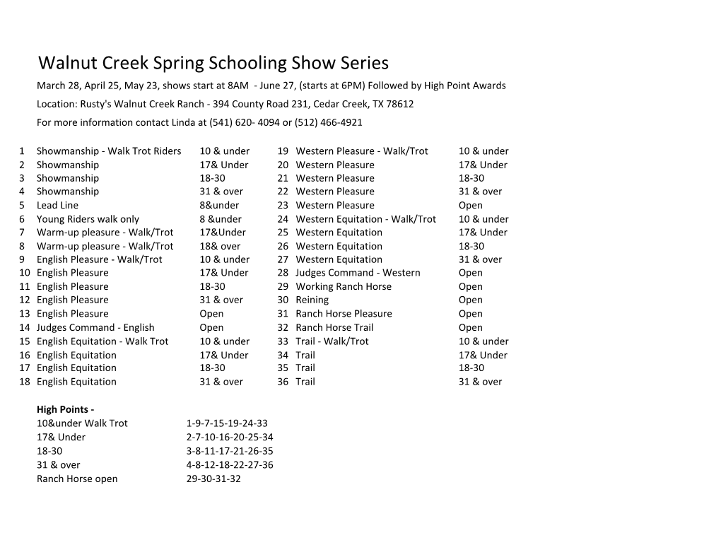 Walnut Creek Spring Schooling Show Series