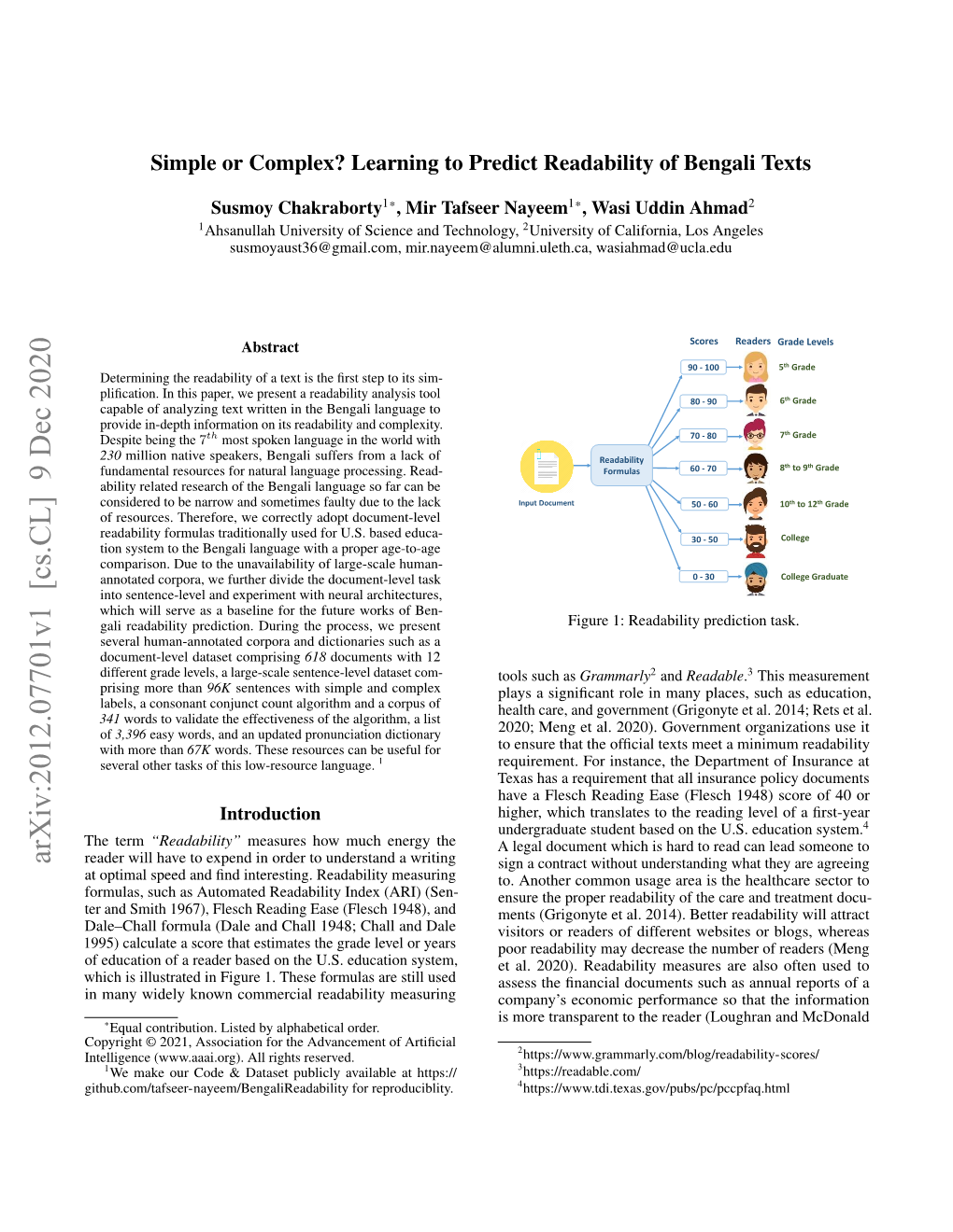 Simple Or Complex? Learning to Predict Readability of Bengali Texts