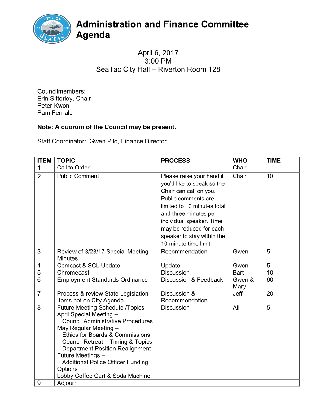 Administration and Finance Committee Agenda