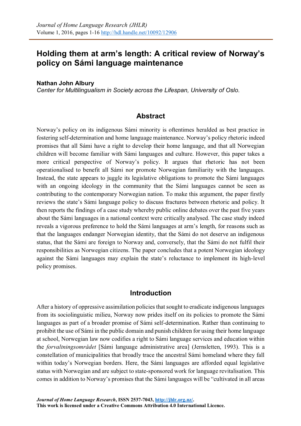 A Critical Review of Norway's Policy on Sámi Language Maintenance