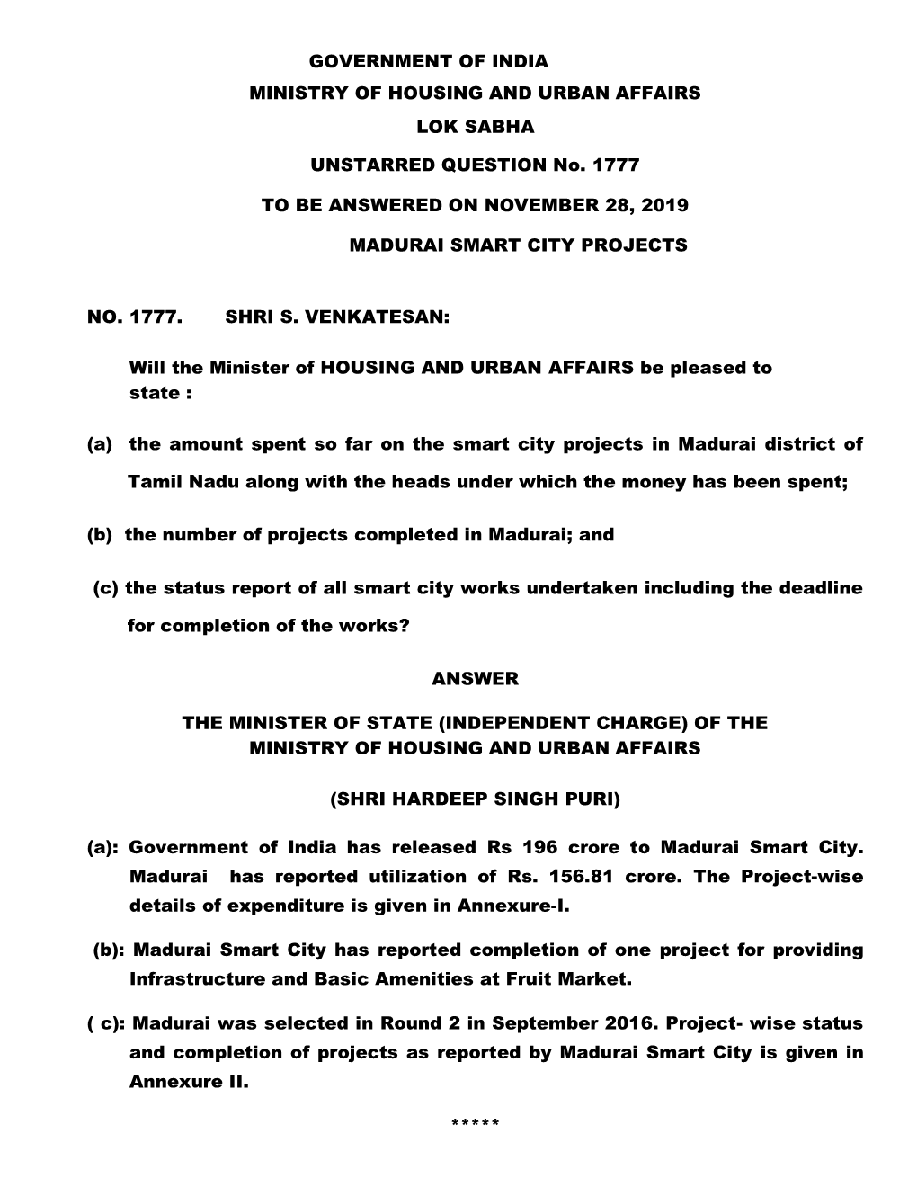 Government of India Ministry of Housing and Urban