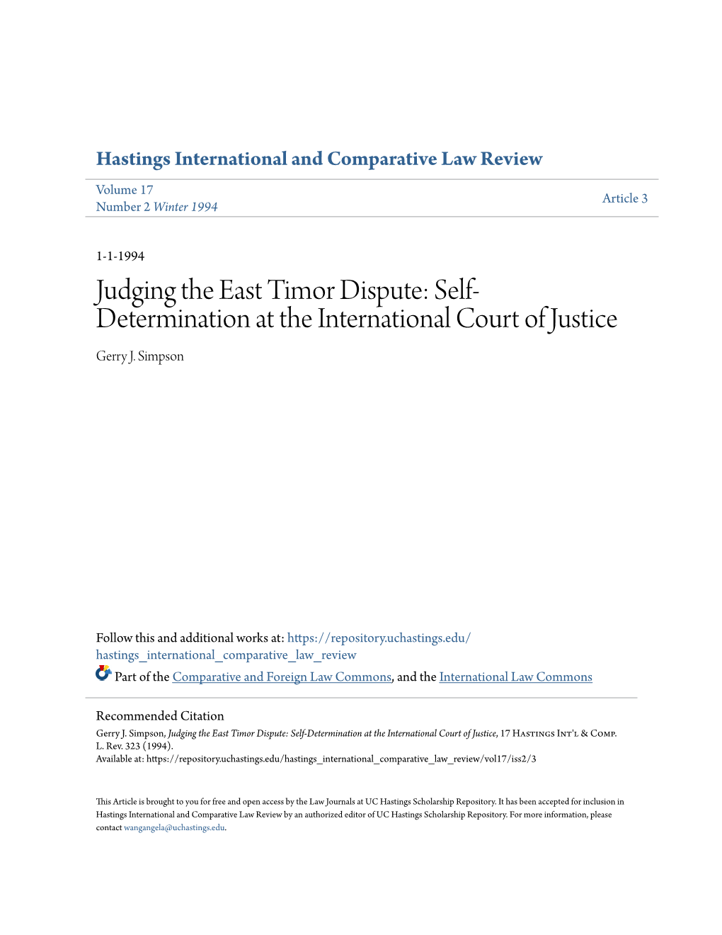 Judging the East Timor Dispute: Self-Determination at the International Court of Justice, 17 Hastings Int'l & Comp