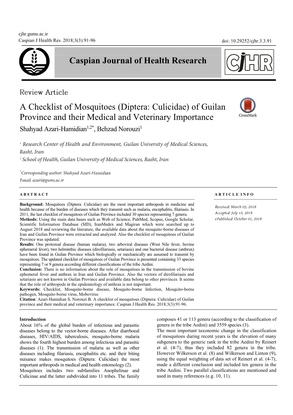 A Checklist of Mosquitoes (Diptera: Culicidae) of Guilan Province and Their Medical and Veterinary Importance