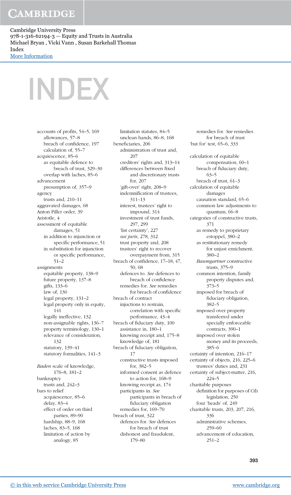 Cambridge University Press 978-1-316-62194-3 — Equity and Trusts in Australia Michael Bryan , Vicki Vann , Susan Barkehall Thomas Index More Information INDEX