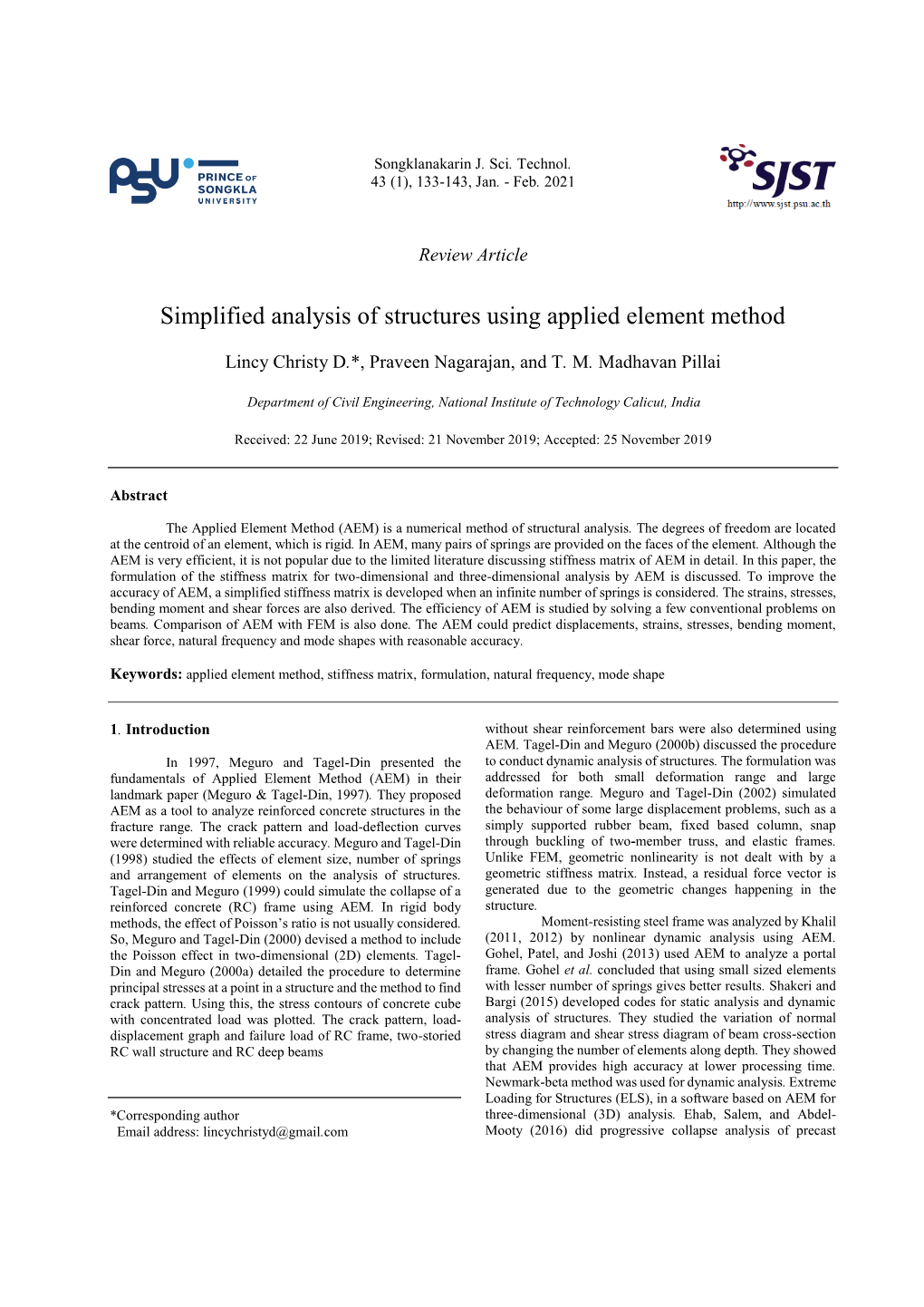 Simplified Analysis of Structures Using Applied Element Method