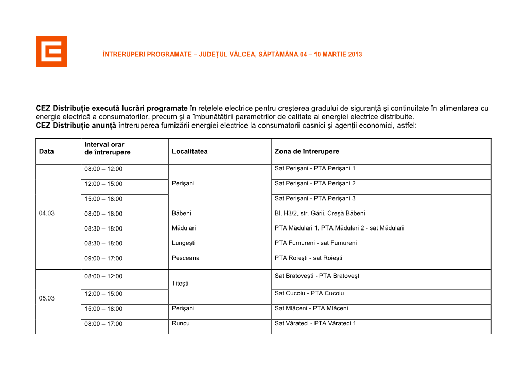 CEZ Distribuţie Execută Lucrări Programate În Reţelele Electrice