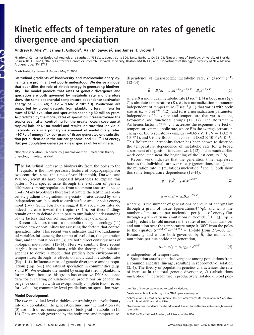 Kinetic Effects of Temperature on Rates of Genetic Divergence and Speciation Andrew P