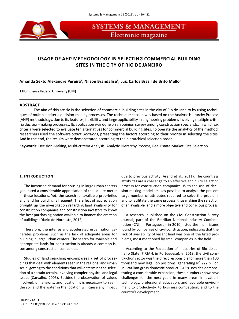 Usage of Ahp Methodology in Selecting Commercial Building Sites in the City of Rio De Janeiro