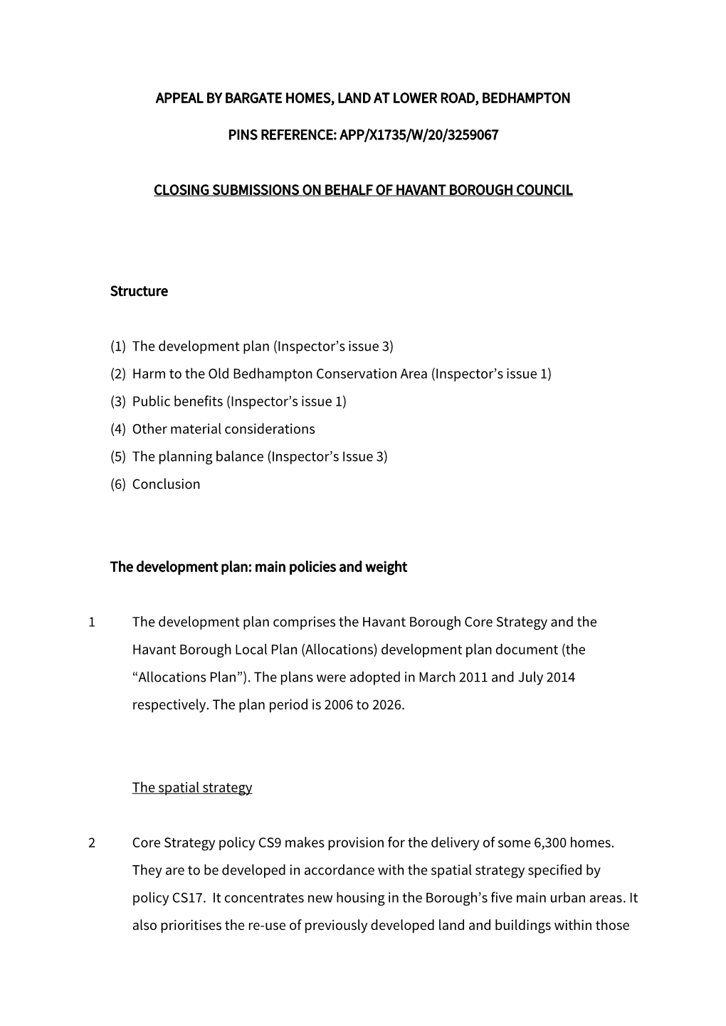 Appeal by Bargate Homes, Land at Lower Road, Bedhampton Pins Reference: App/X1735/W/20/3259067 Closing Submissions on Behalf Of