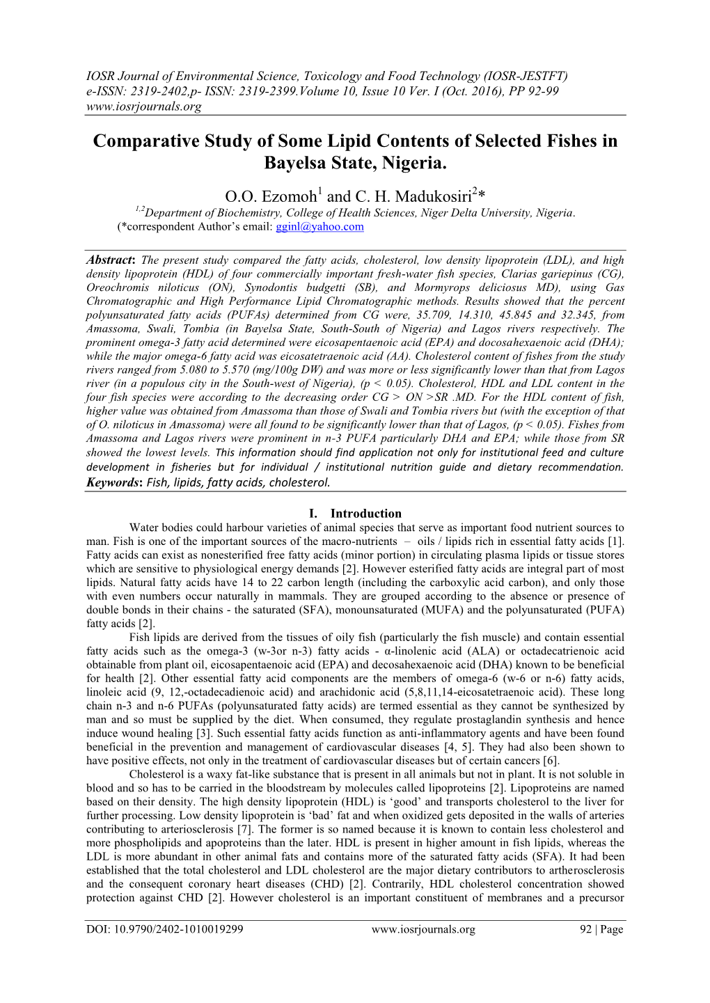 Comparative Study of Some Lipid Contents of Selected Fishes in Bayelsa State, Nigeria