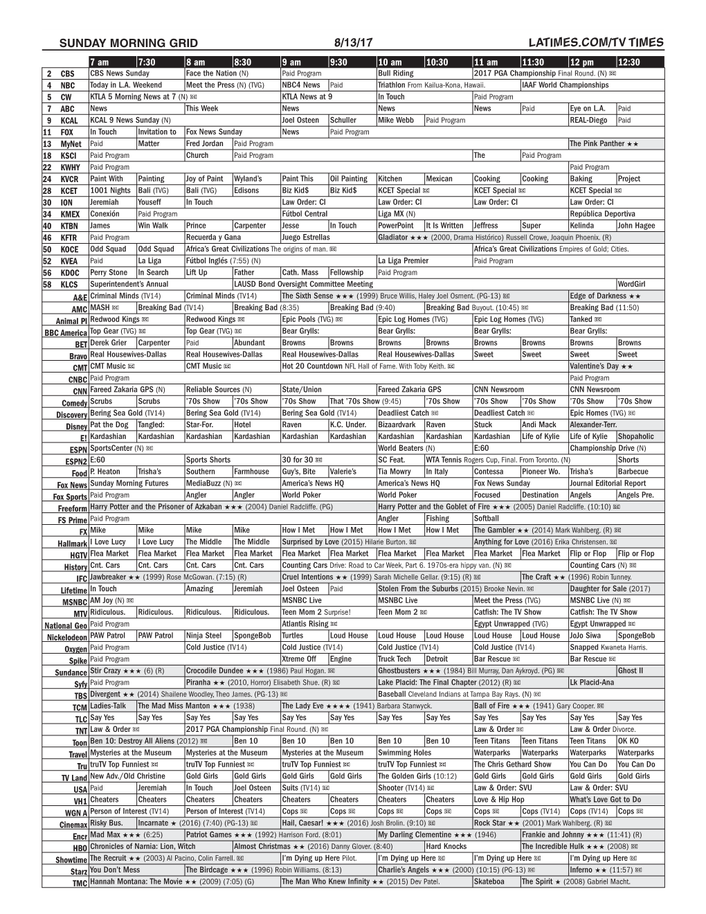 Sunday Morning Grid 8/13/17 Latimes.Com/Tv Times