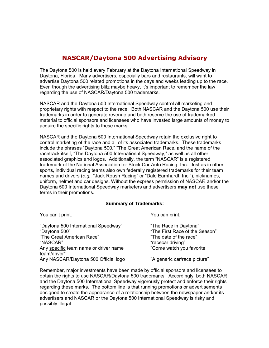 NASCAR-Daytona 500 Advertising Advisory