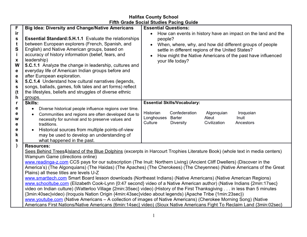 Fifth Grade Social Studies Pacing Guide