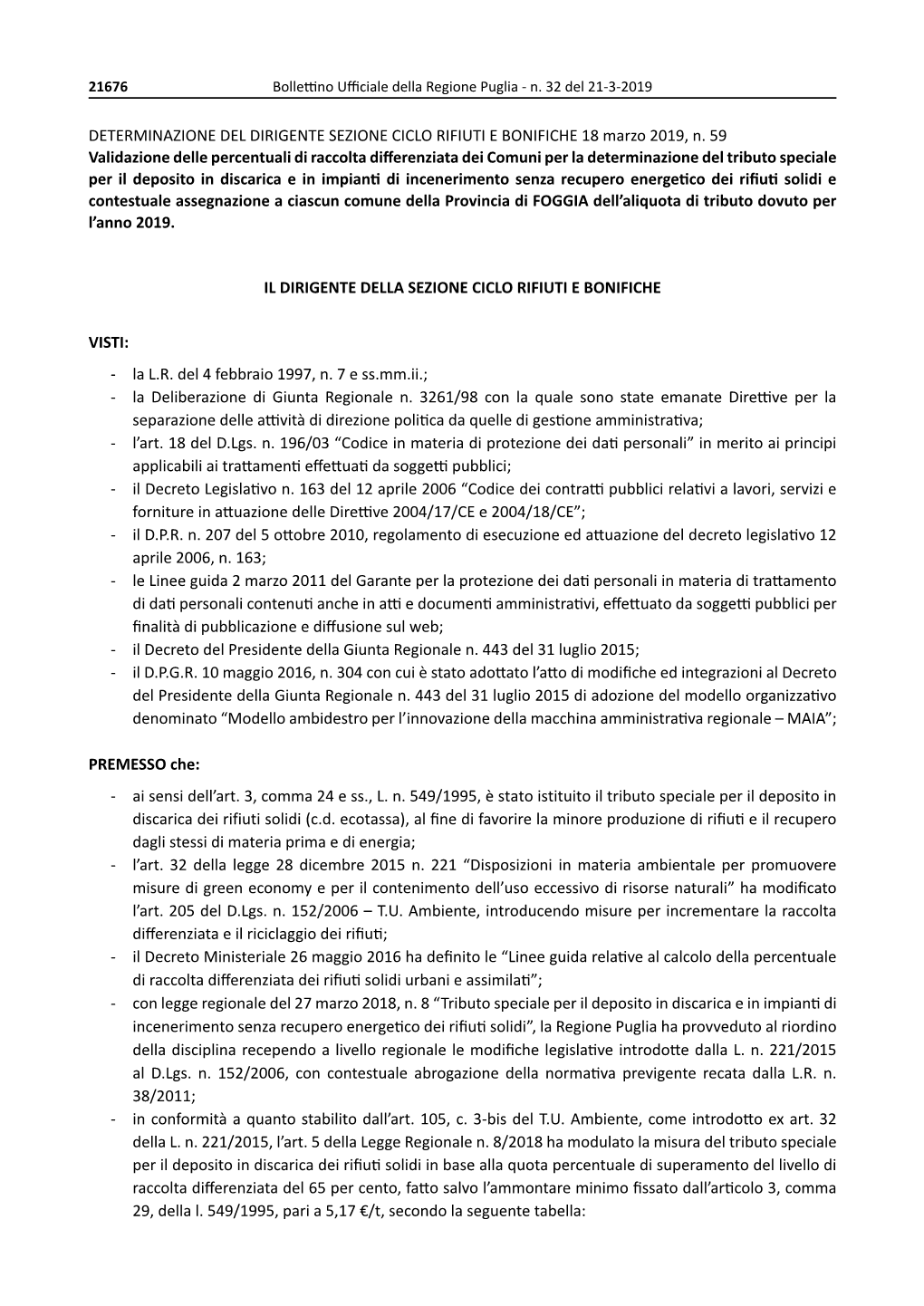 DETERMINAZIONE DEL DIRIGENTE SEZIONE CICLO RIFIUTI E BONIFICHE 18 Marzo 2019, N