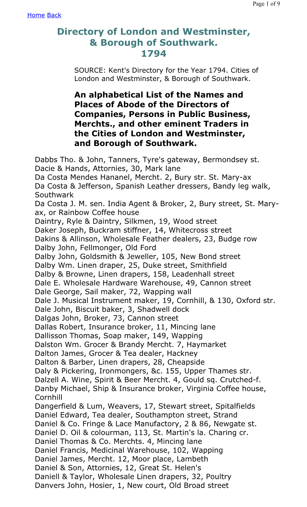 Directory of London and Westminster, & Borough of Southwark. 1794