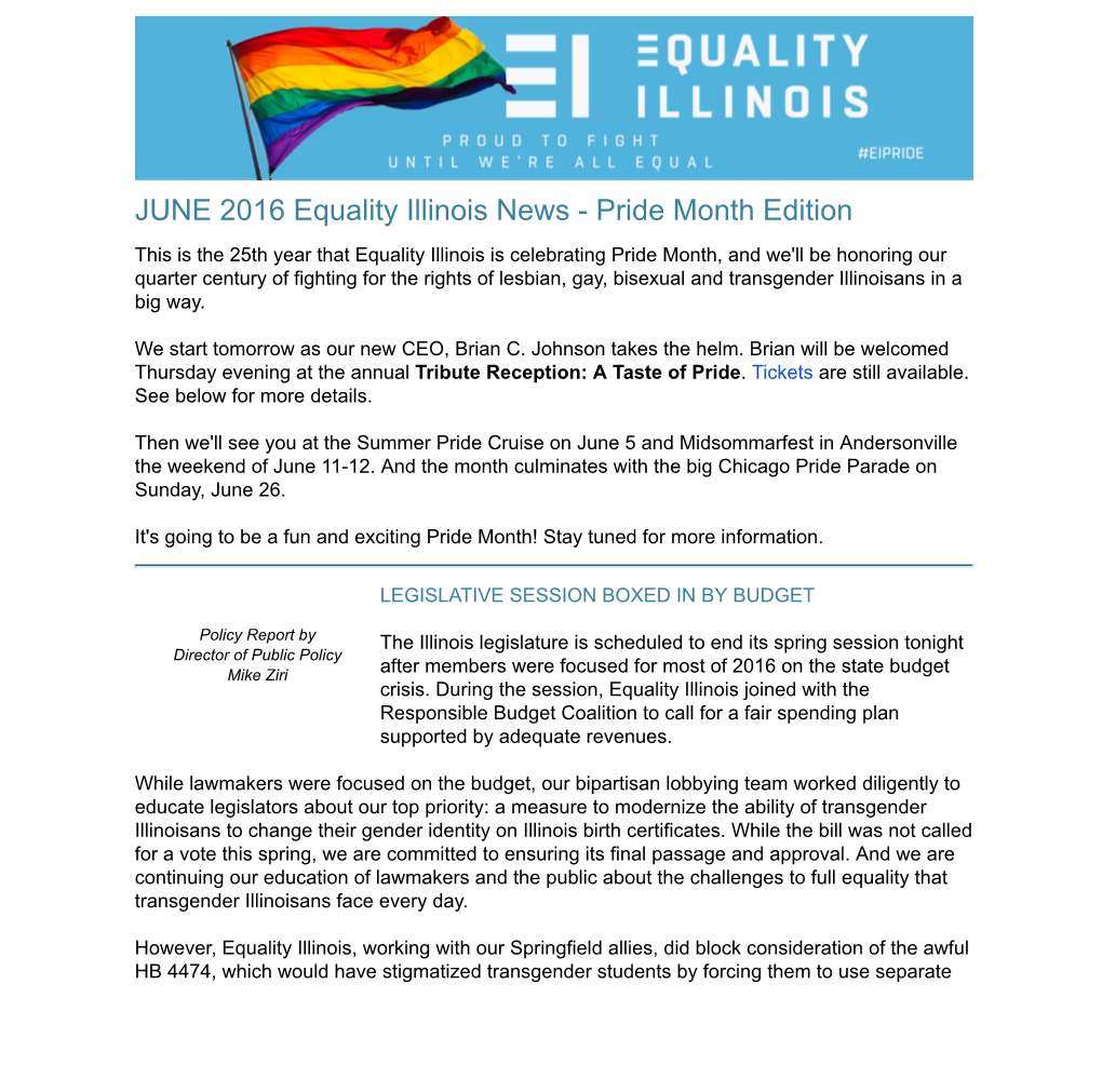 Happy Pride, Tribute Reception, Springfield Report - EI JUNE NEWS 1 Message