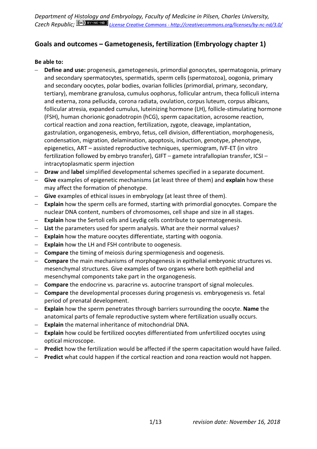 Goals and Outcomes – Gametogenesis, Fertilization (Embryology Chapter 1)