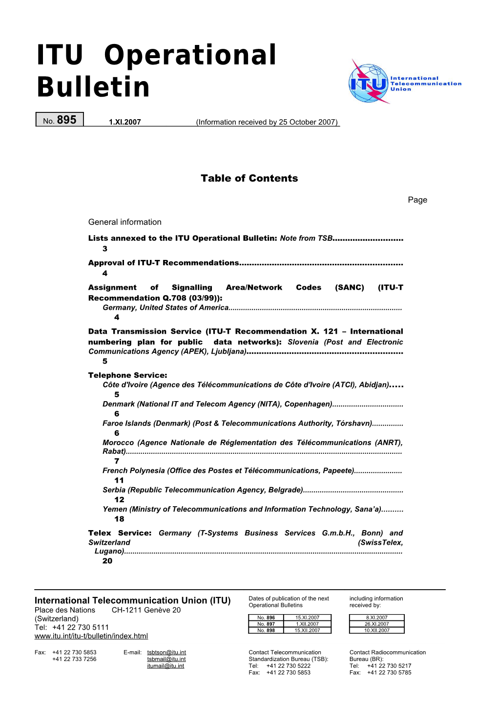 ITU Operational Bulletin No.895 Du 15.X.2007