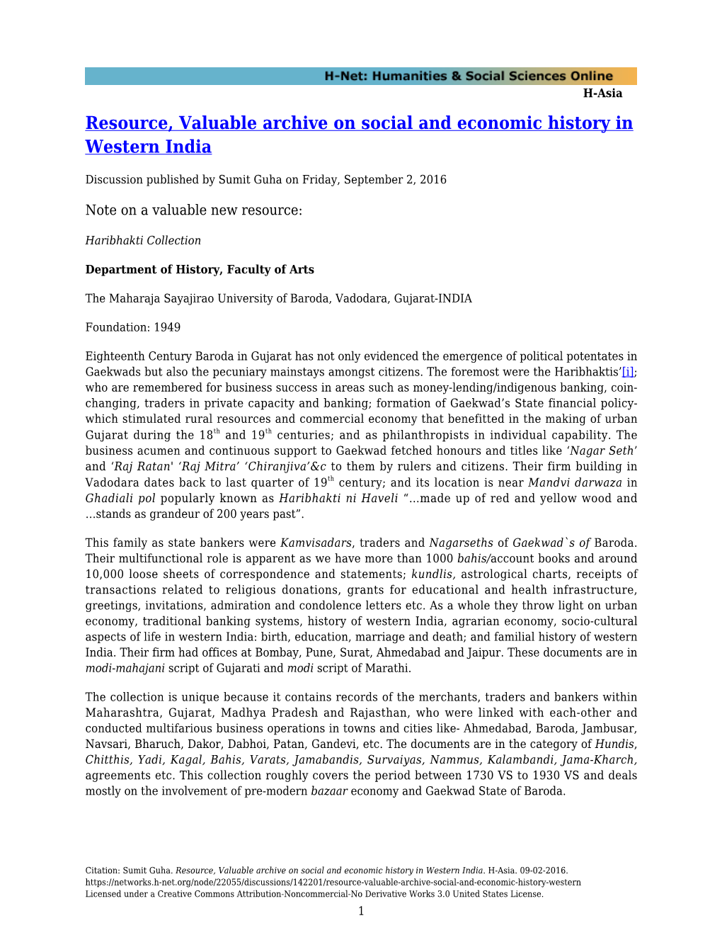 Resource, Valuable Archive on Social and Economic History in Western India