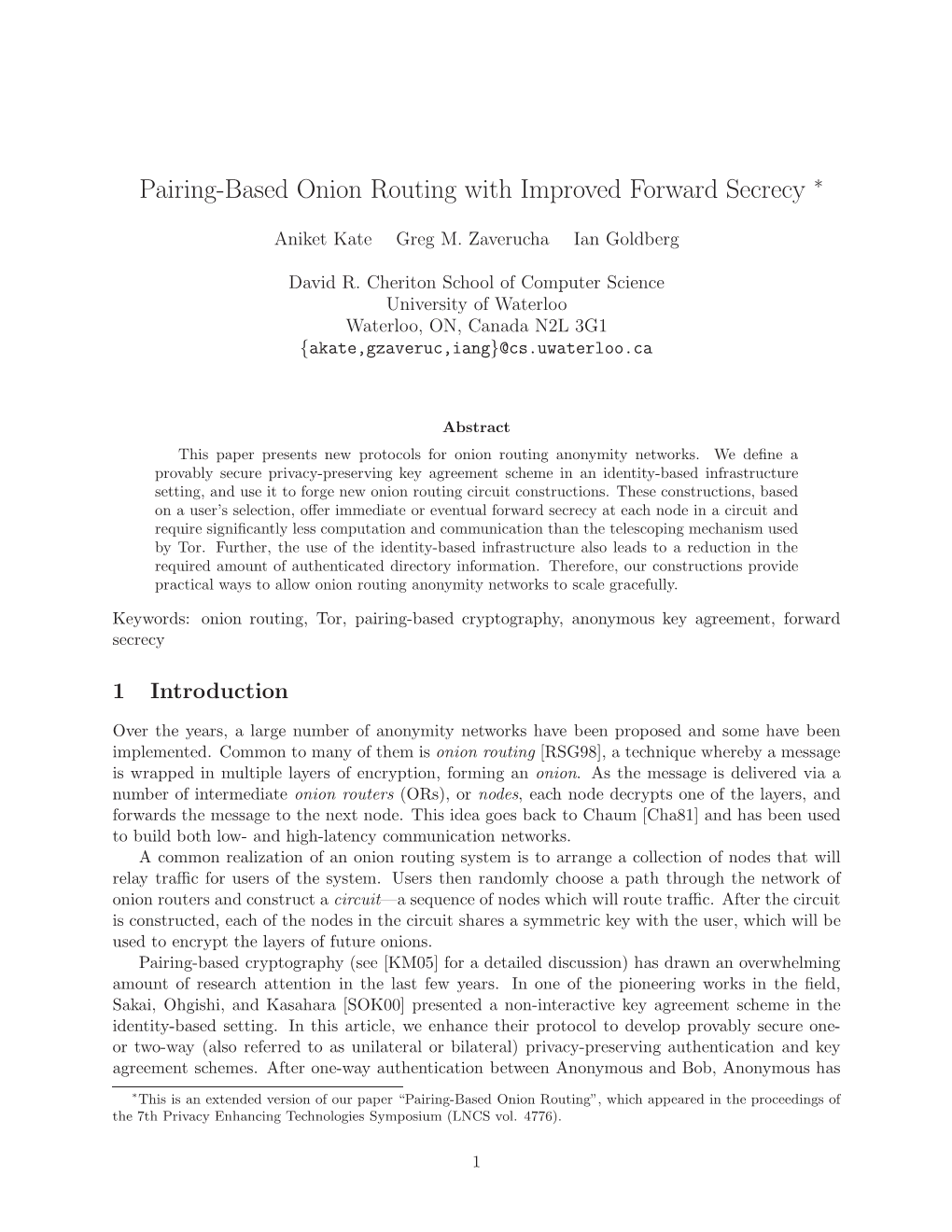 Pairing-Based Onion Routing with Improved Forward Secrecy ∗