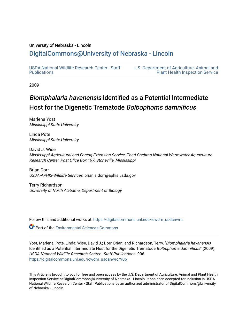 Biomphalaria Havanensis Identified As a Potential Intermediate Host For