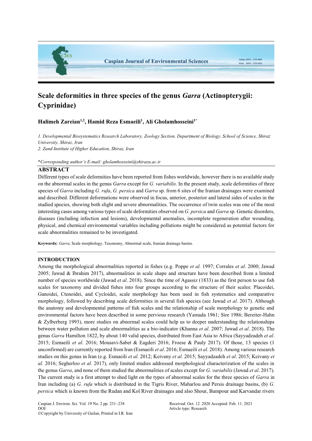 Scale Deformities in Three Species of the Genus Garra (Actinopterygii: Cyprinidae)