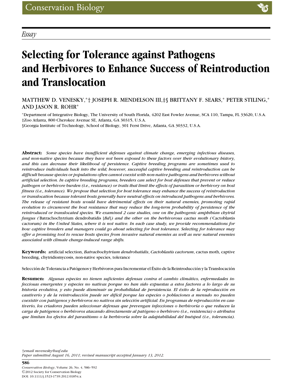 Selecting for Tolerance Against Pathogens and Herbivores to Enhance Success of Reintroduction and Translocation