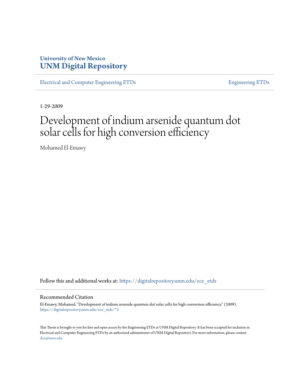 Development of Indium Arsenide Quantum Dot Solar Cells for High Conversion Efficiency Mohamed El-Emawy