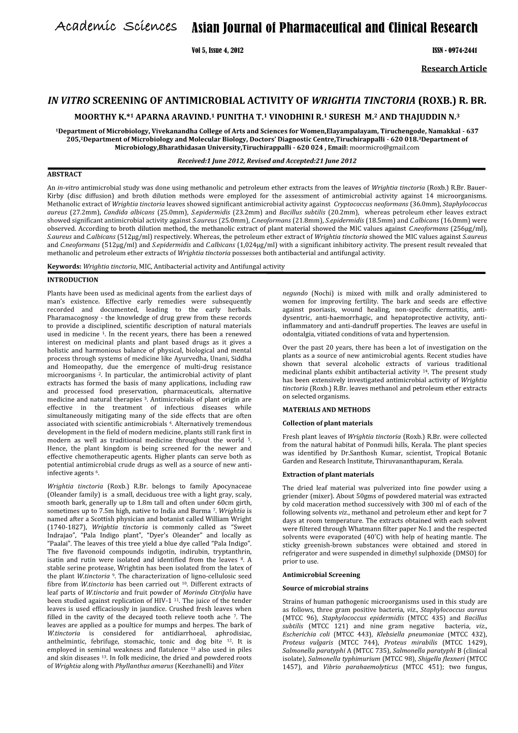 In Vitro Screening of Antimicrobial Activity of Wrightia Tinctoria (Roxb.) R