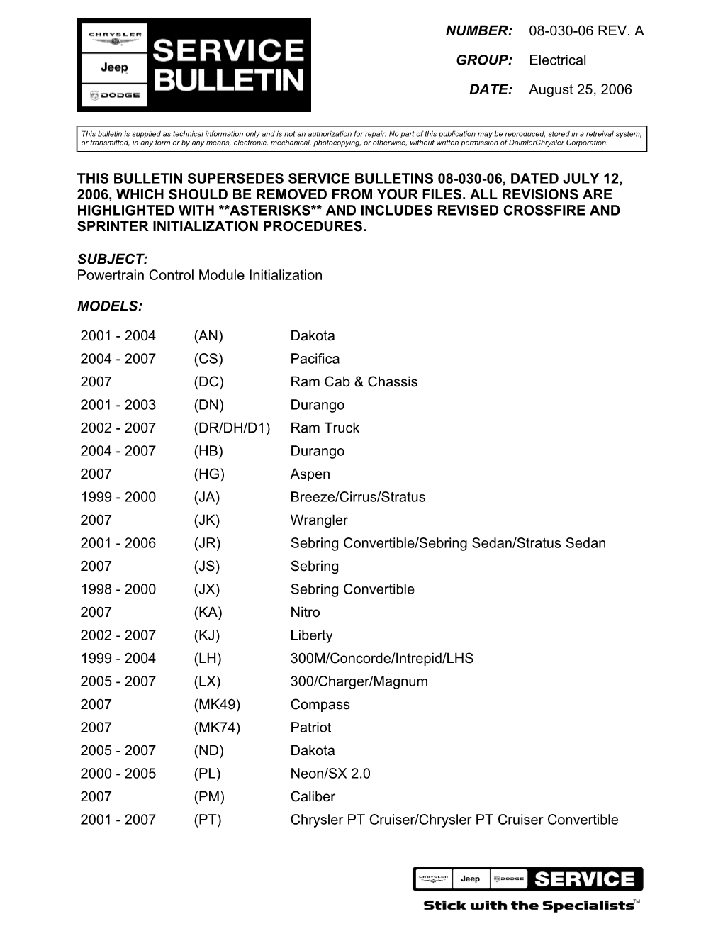 This Bulletin Supersedes Service Bulletins 08-030-06, Dated July 12, 2006, Which Should Be Removed from Your Files