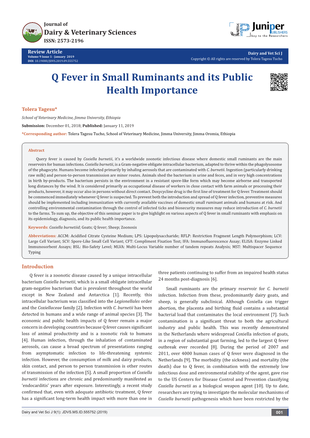 Q Fever in Small Ruminants and Its Public Health Importance