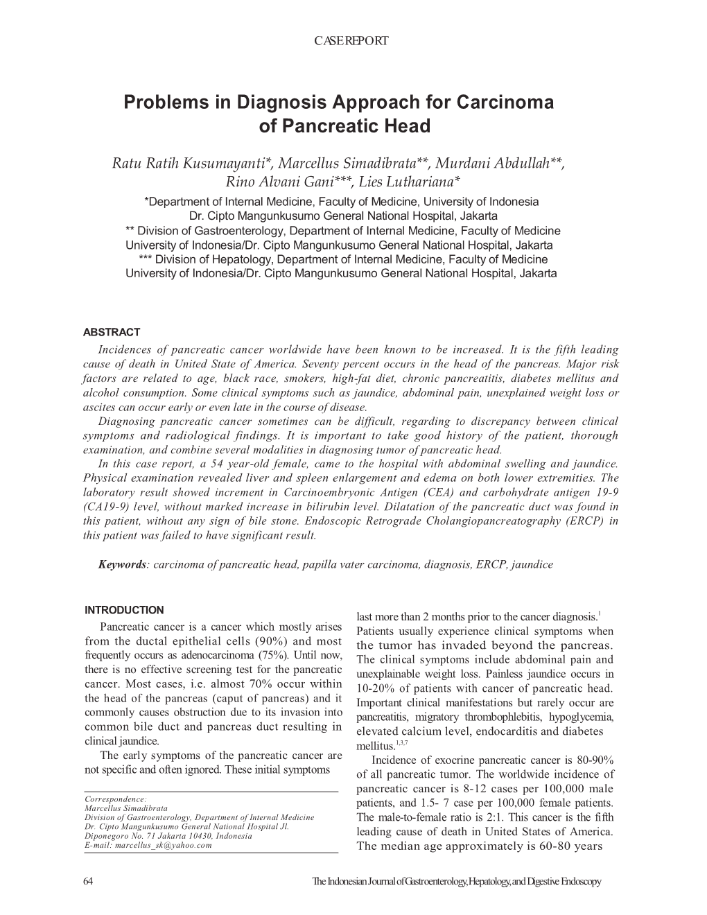 Problems in Diagnosis Approach for Carcinoma of Pancreatic Head