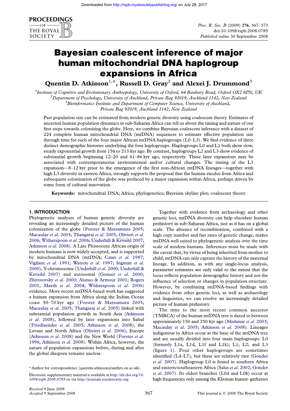 Bayesian Coalescent Inference of Major Human Mitochondrial DNA Haplogroup Expansions in Africa Quentin D