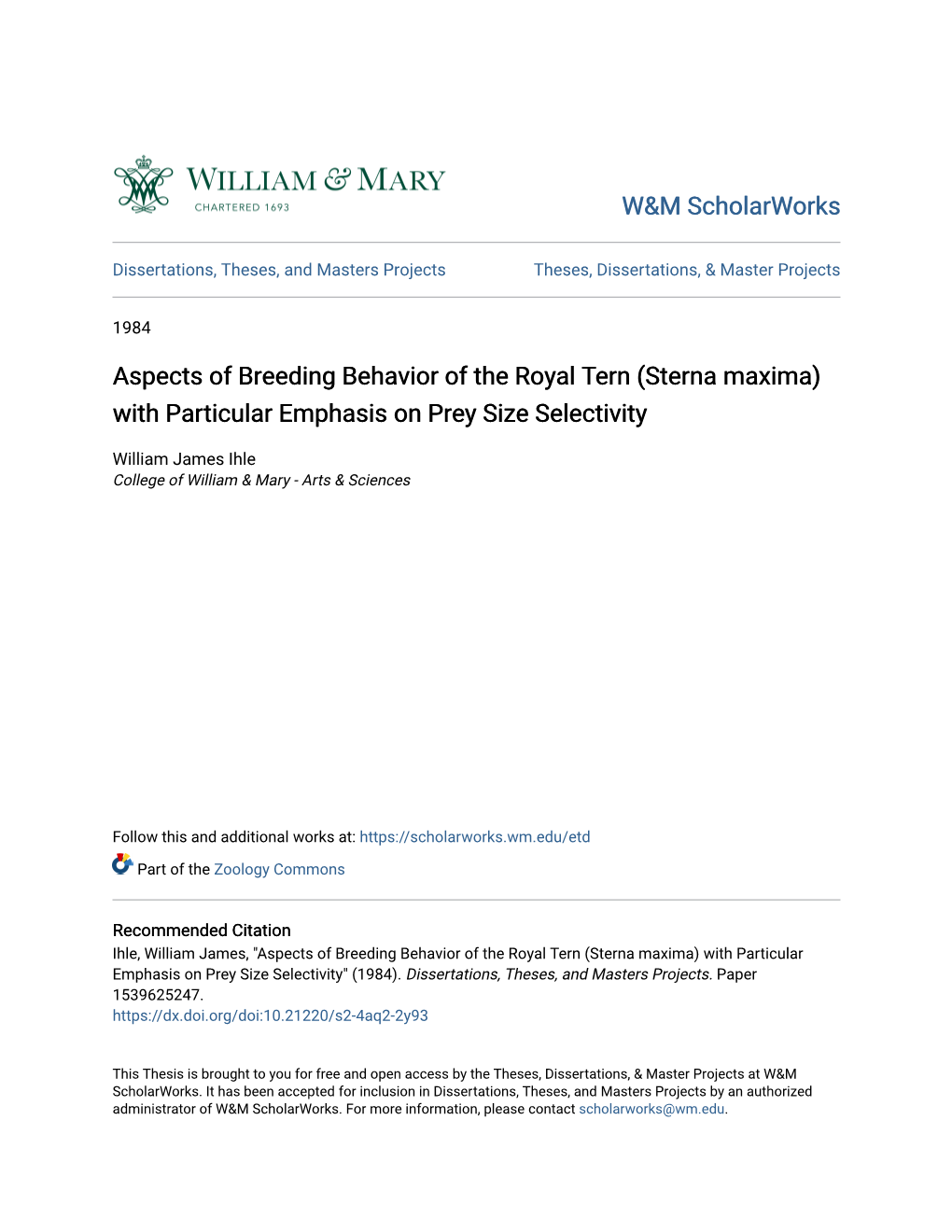 Aspects of Breeding Behavior of the Royal Tern (Sterna Maxima) with Particular Emphasis on Prey Size Selectivity