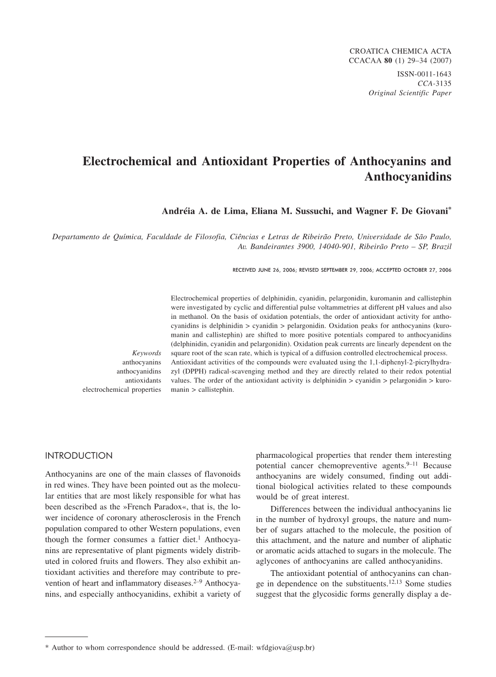 Electrochemical and Antioxidant Properties of Anthocyanins and Anthocyanidins