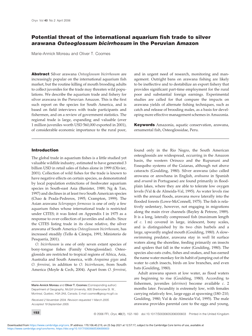 Potential Threat of the International Aquarium Fish Trade to Silver Arawana Osteoglossum Bicirrhosum in the Peruvian Amazon