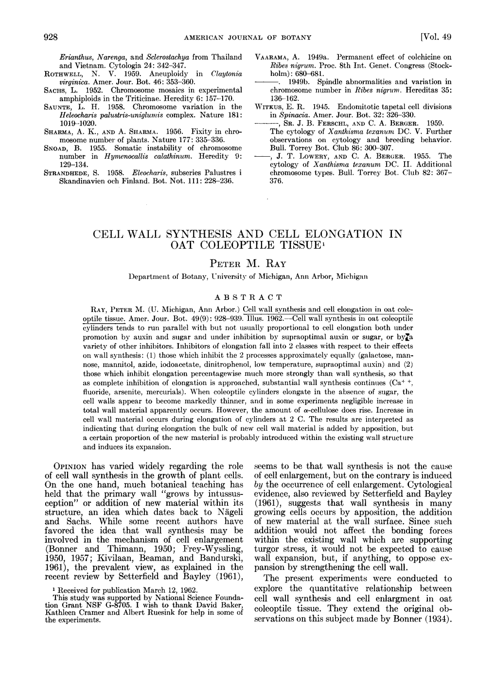 Cell Wall Synthesis and Cell Elongation in Oat Coleoptile Tissue!