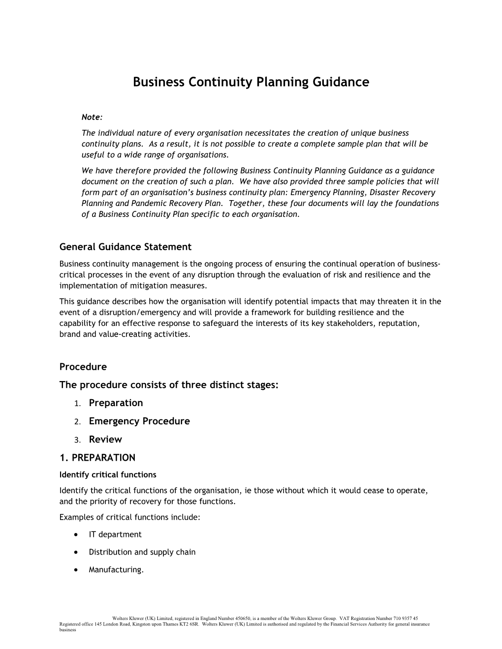 Business Continuity Planning Guidance