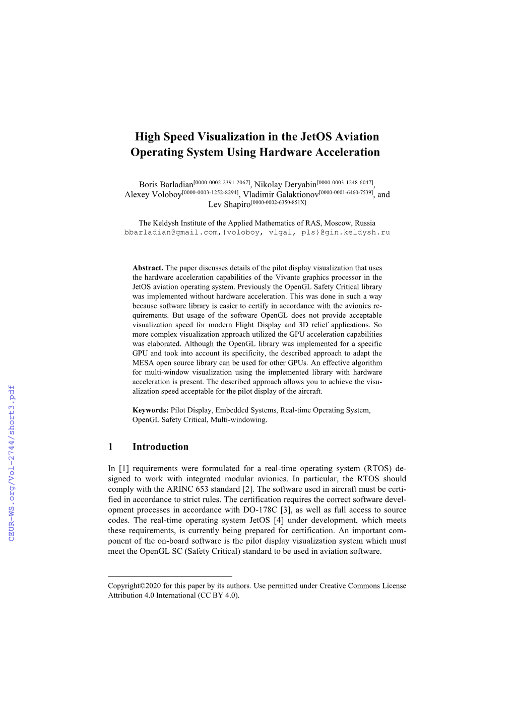 High Speed Visualization in the Jetos Aviation Operating System Using Hardware Acceleration*