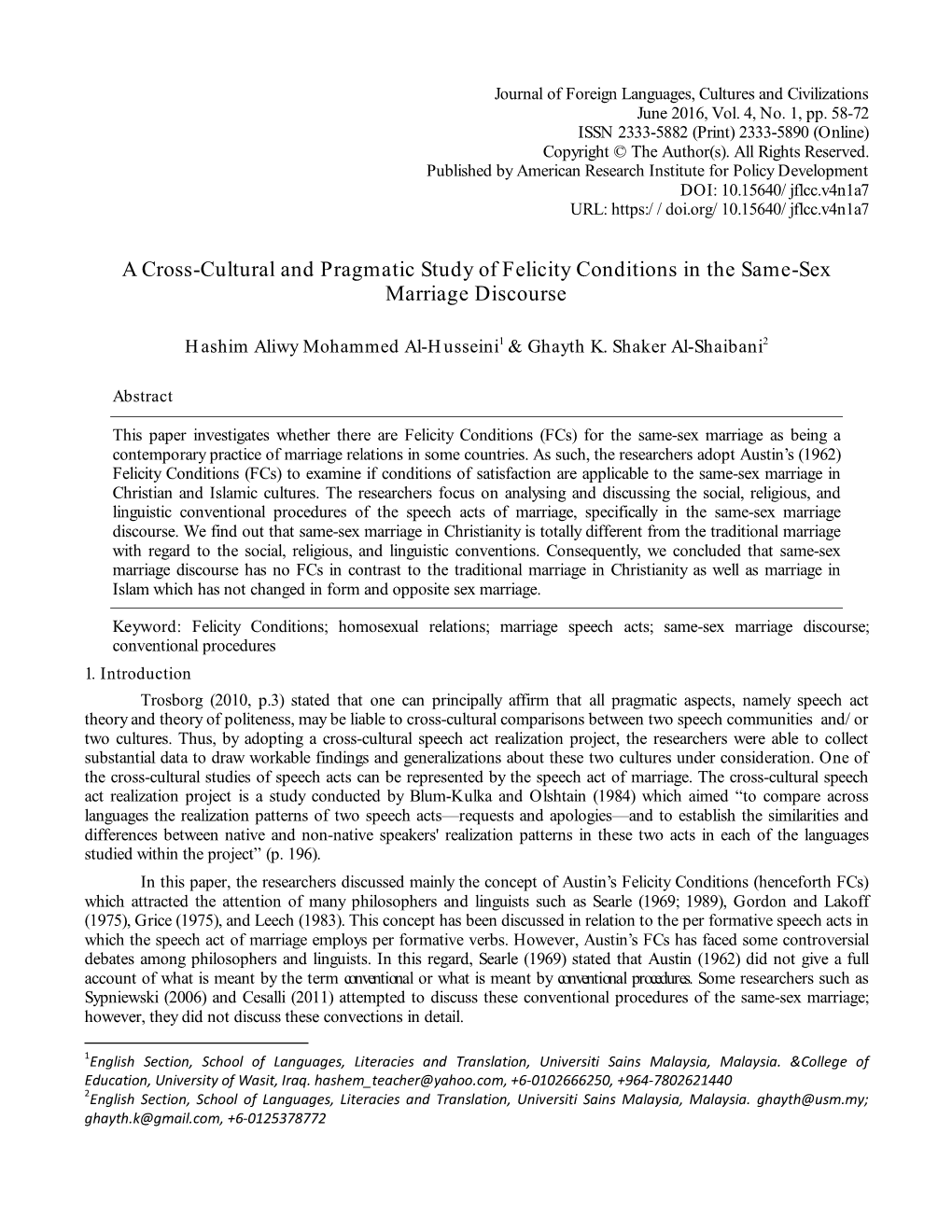 A Cross-Cultural and Pragmatic Study of Felicity Conditions in the Same-Sex Marriage Discourse