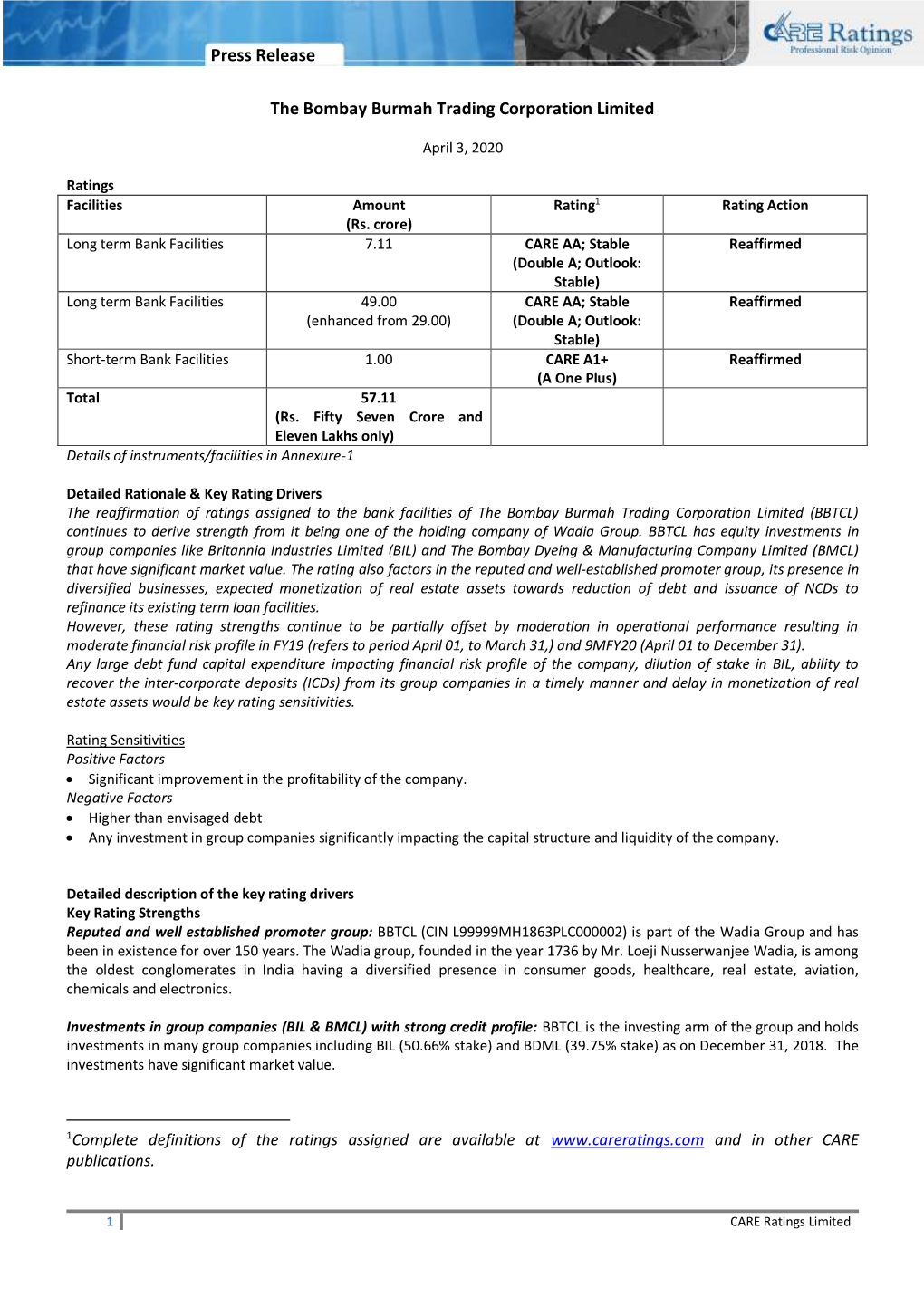 Press Release the Bombay Burmah Trading Corporation