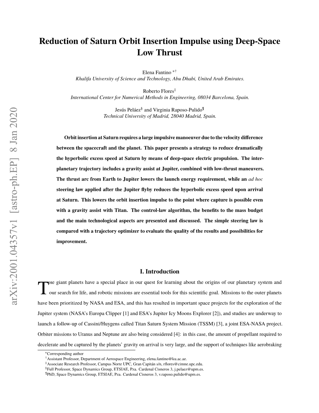 Reduction of Saturn Orbit Insertion Impulse Using Deep-Space Low Thrust