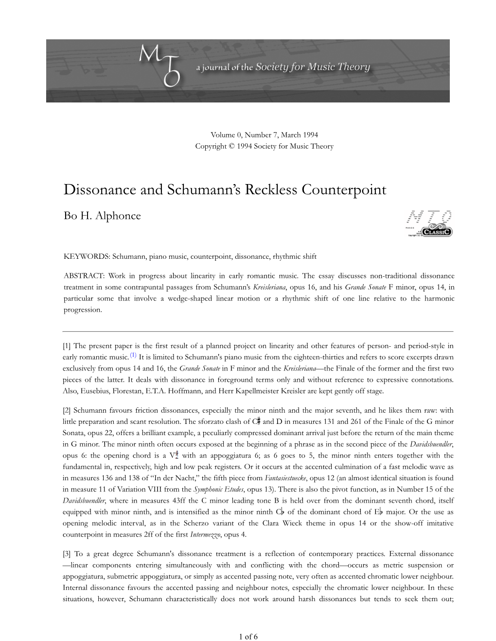 MTO 0.7: Alphonce, Dissonance and Schumann's Reckless Counterpoint