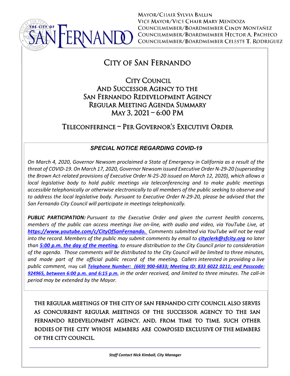 City Council & Successory Regular Meeting Agenda 5-3-21