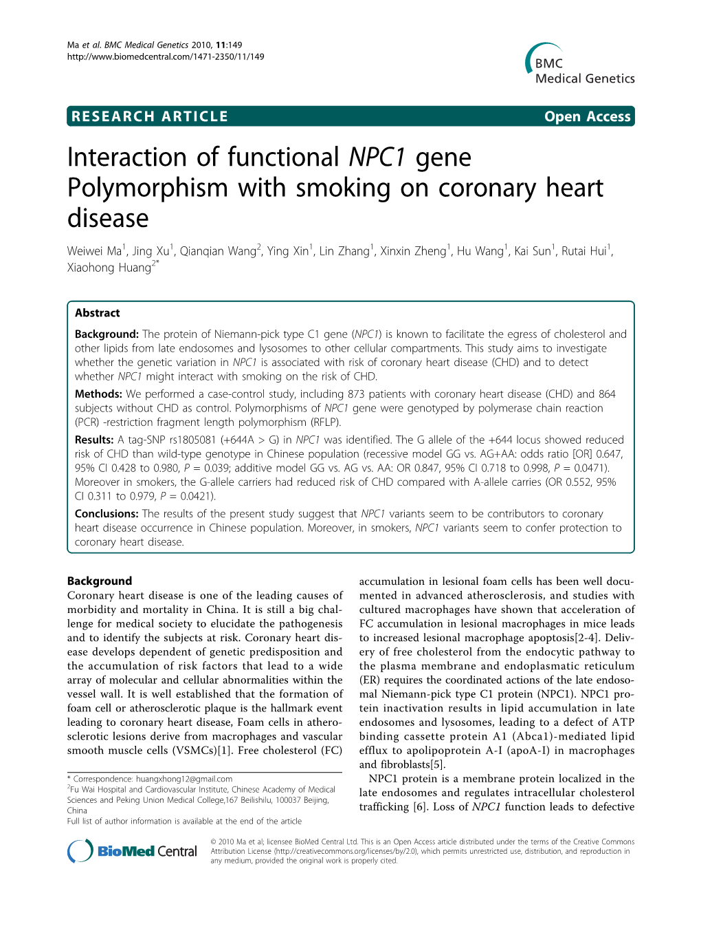 Interaction of Functional NPC1 Gene Polymorphism with Smoking On