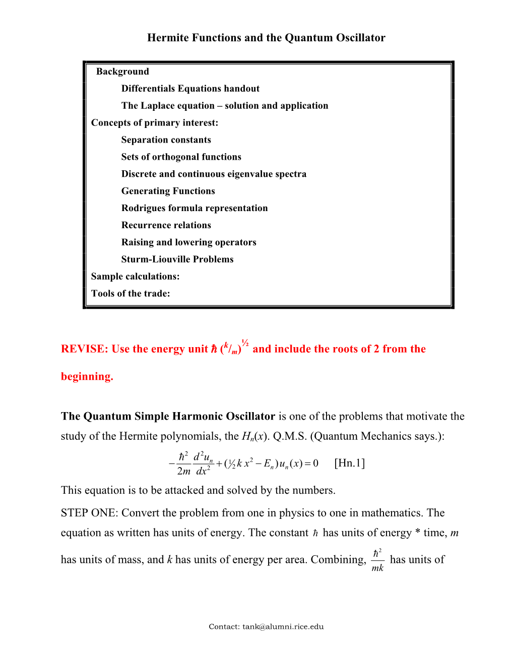 Hermite Functions and the Quantum Oscillator REVISE