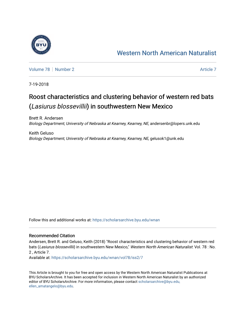 Roost Characteristics and Clustering Behavior of Western Red Bats (Lasiurus Blossevillii) in Southwestern New Mexico